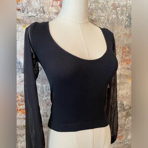 NWT - FREE PEOPLE Intimately Black Crop Top with Sheer Mesh Bishop Puff Sleeves.